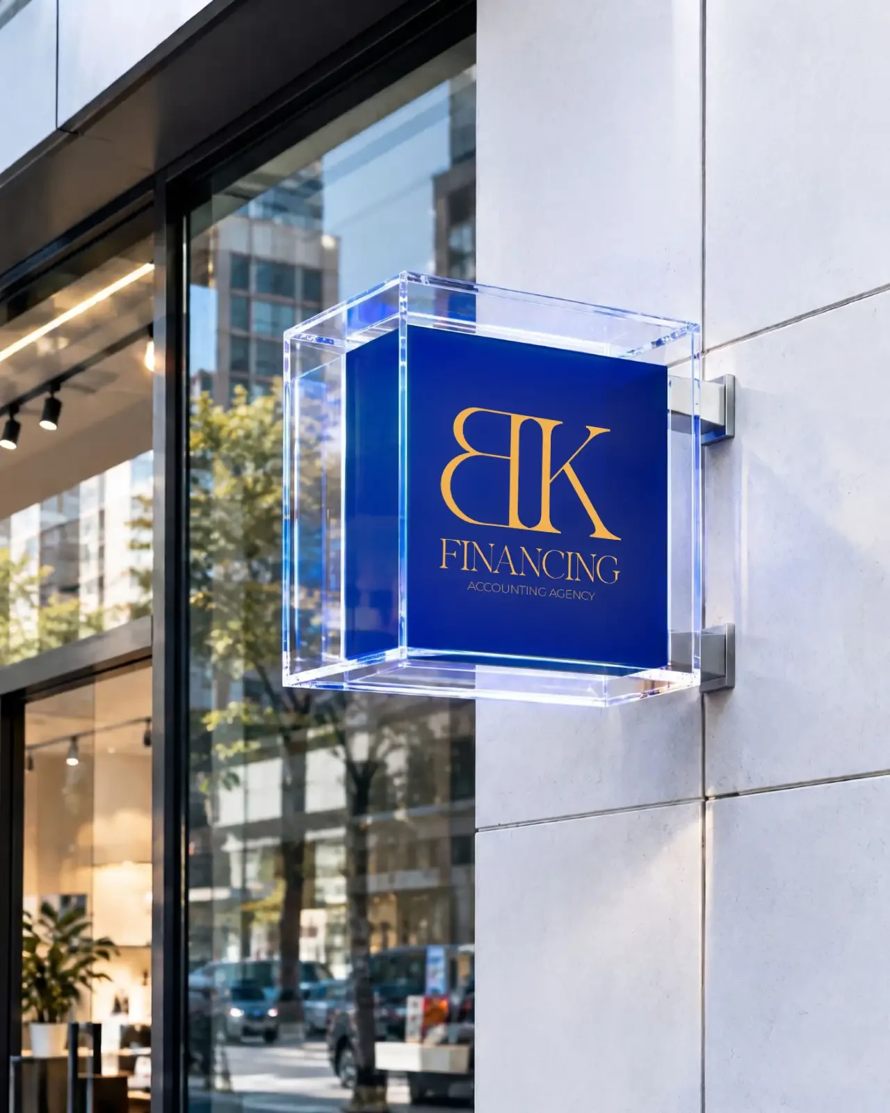Financing’s gold monogram and wordmark on the approved sign mockup