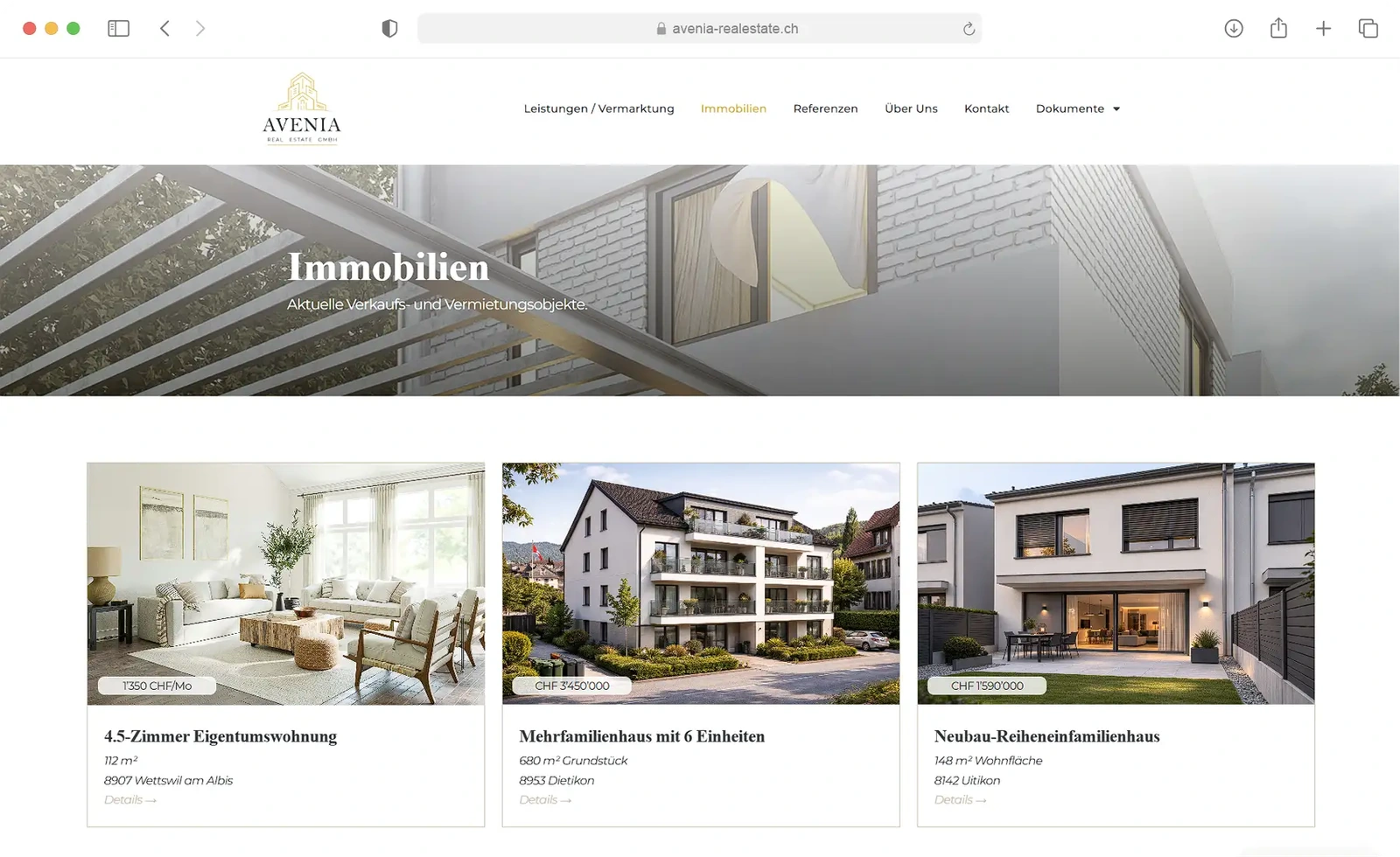 Avenia Real Estate website in a browser mockup